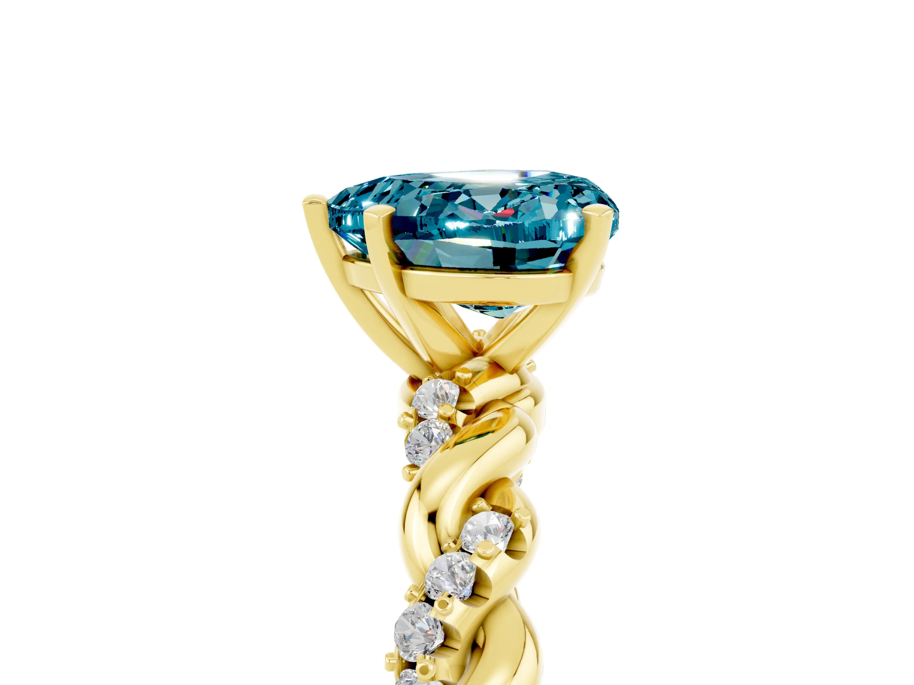 Yellow gold Heart Cut Blue Topaz Solitaire Ring with Twisted Band and Pavé Accents_5