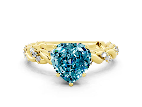 Yellow gold Heart Cut Blue Topaz Solitaire Ring with Twisted Band and Pavé Accents