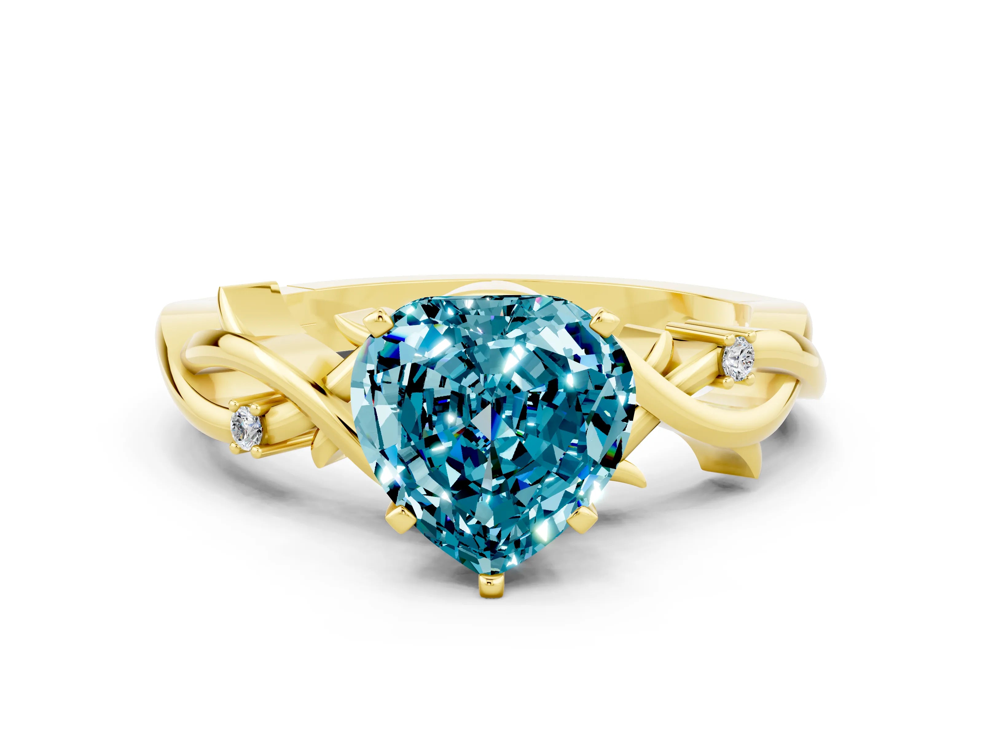 Yellow gold Heart Cut Blue Topaz Solitaire Ring with Twisted Band and Prong Setting