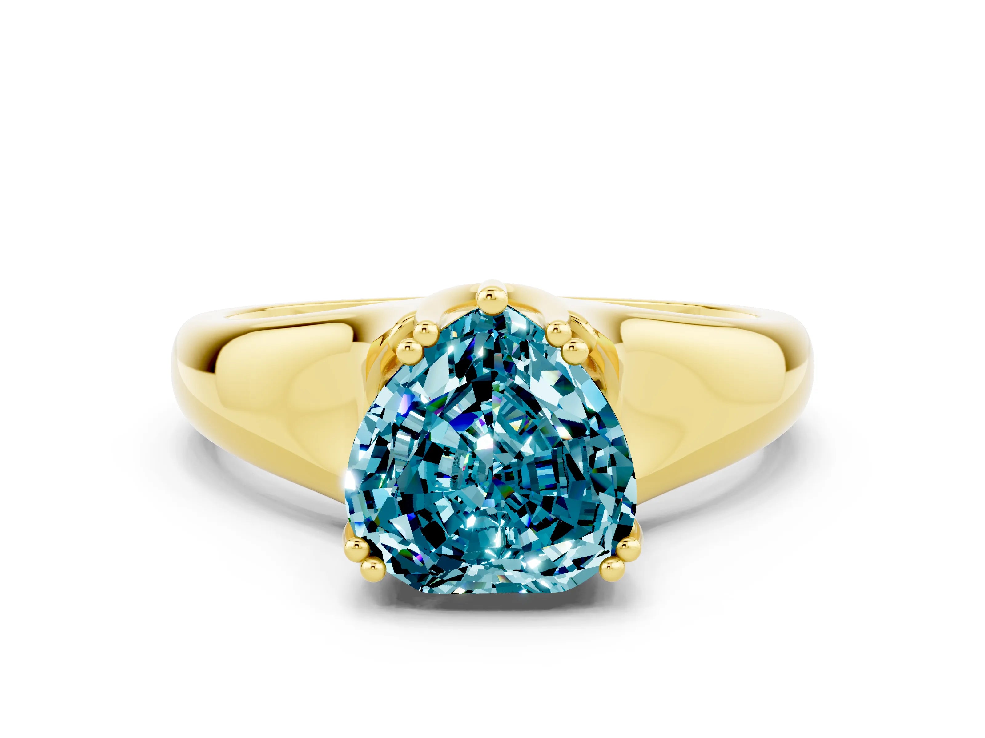 Yellow gold Heart Cut Blue Topaz Solitaire Ring with Wide Band and Prong Setting