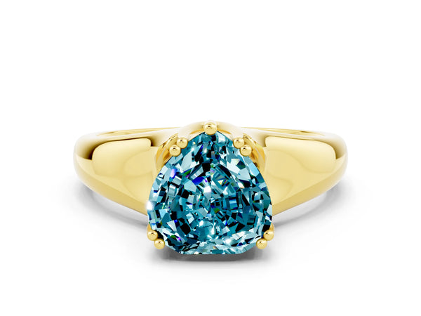 Yellow gold Heart Cut Blue Topaz Solitaire Ring with Wide Band and Prong Setting