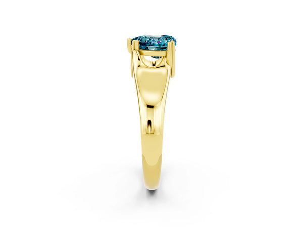 Yellow gold Heart Cut Blue Topaz Solitaire Ring with Wide Band and Prong Setting