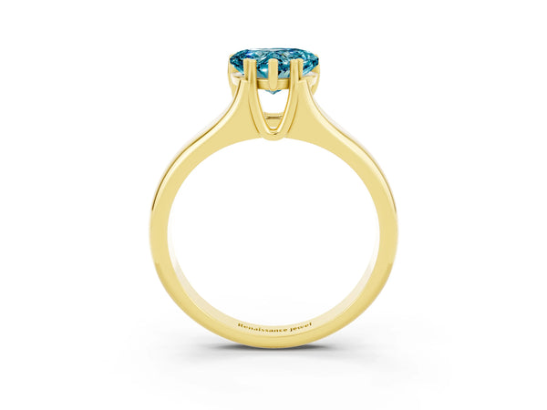 Yellow gold Heart Cut Blue Topaz Solitaire Ring with Wide Band and Prong Setting