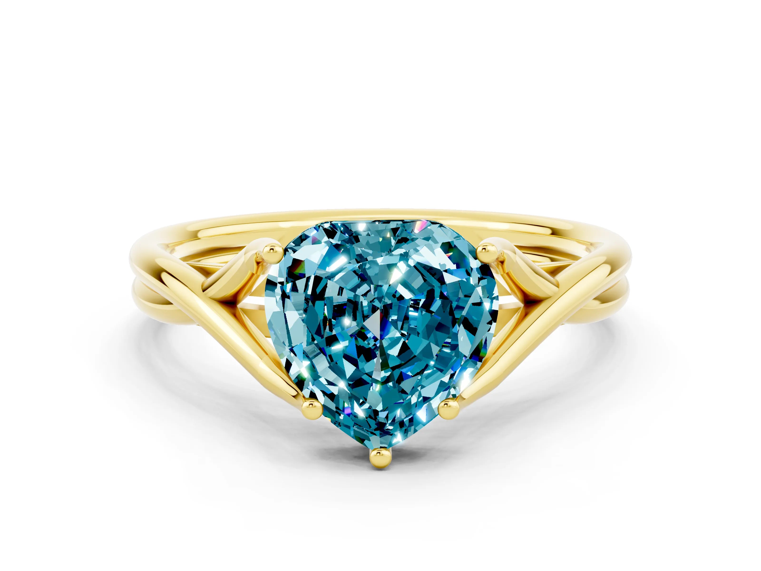 Yellow gold Heart Cut Blue Topaz Solitaire Twist Band Prong Setting Ring_60