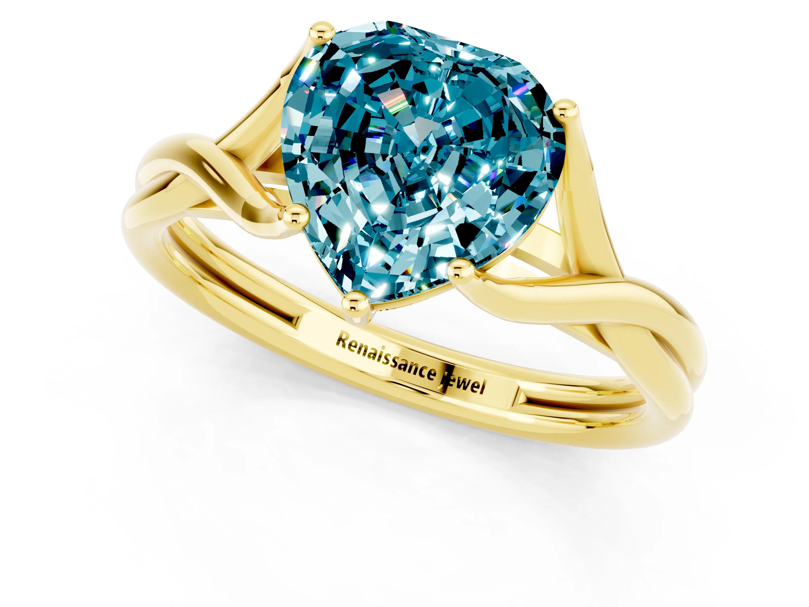 Yellow gold Heart Cut Blue Topaz Solitaire Twist Band Prong Setting Ring_61