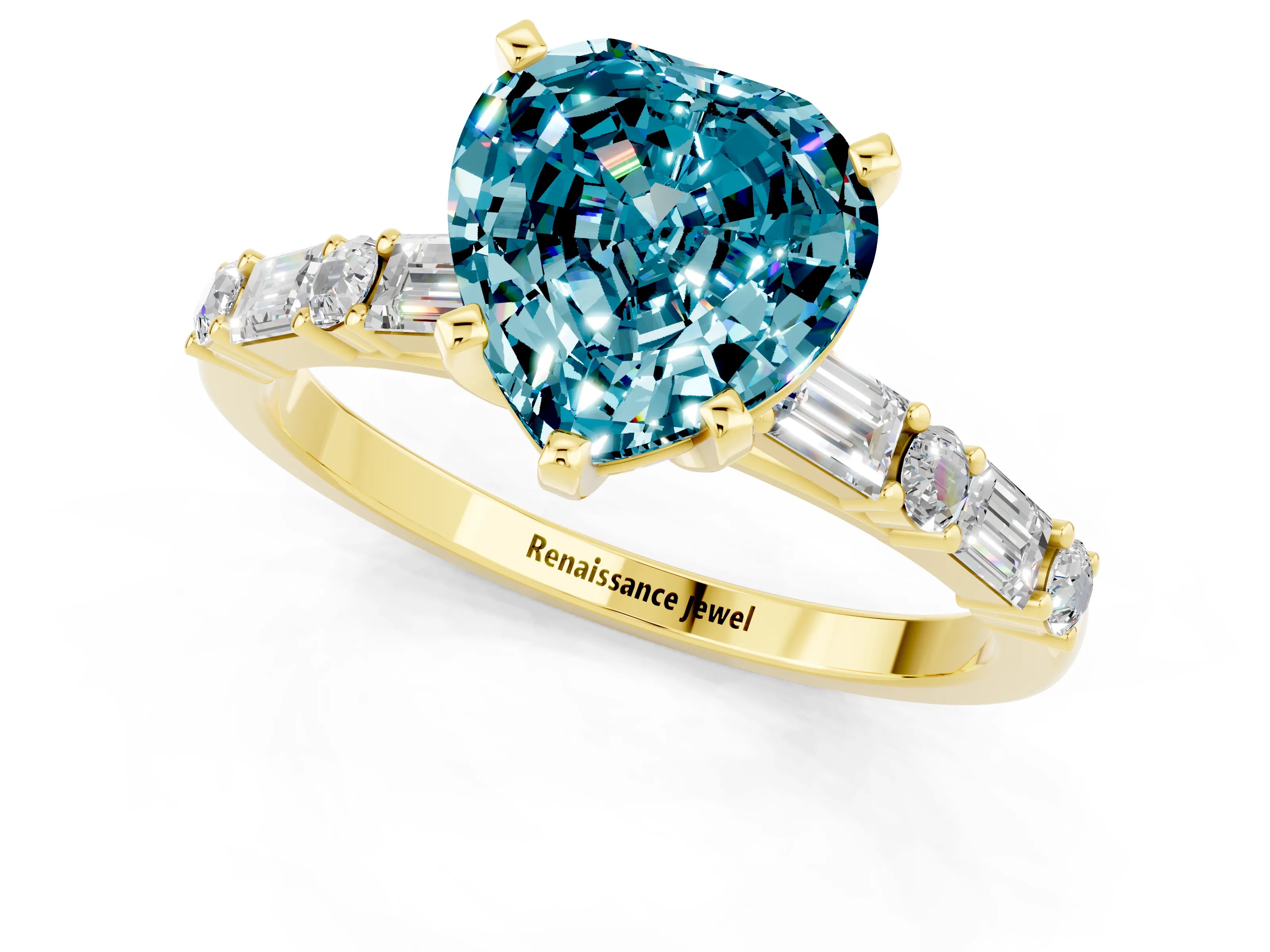 Yellow gold Heart Cut Blue Topaz Solitaire with Side Baguettes and Channel Set Band_1