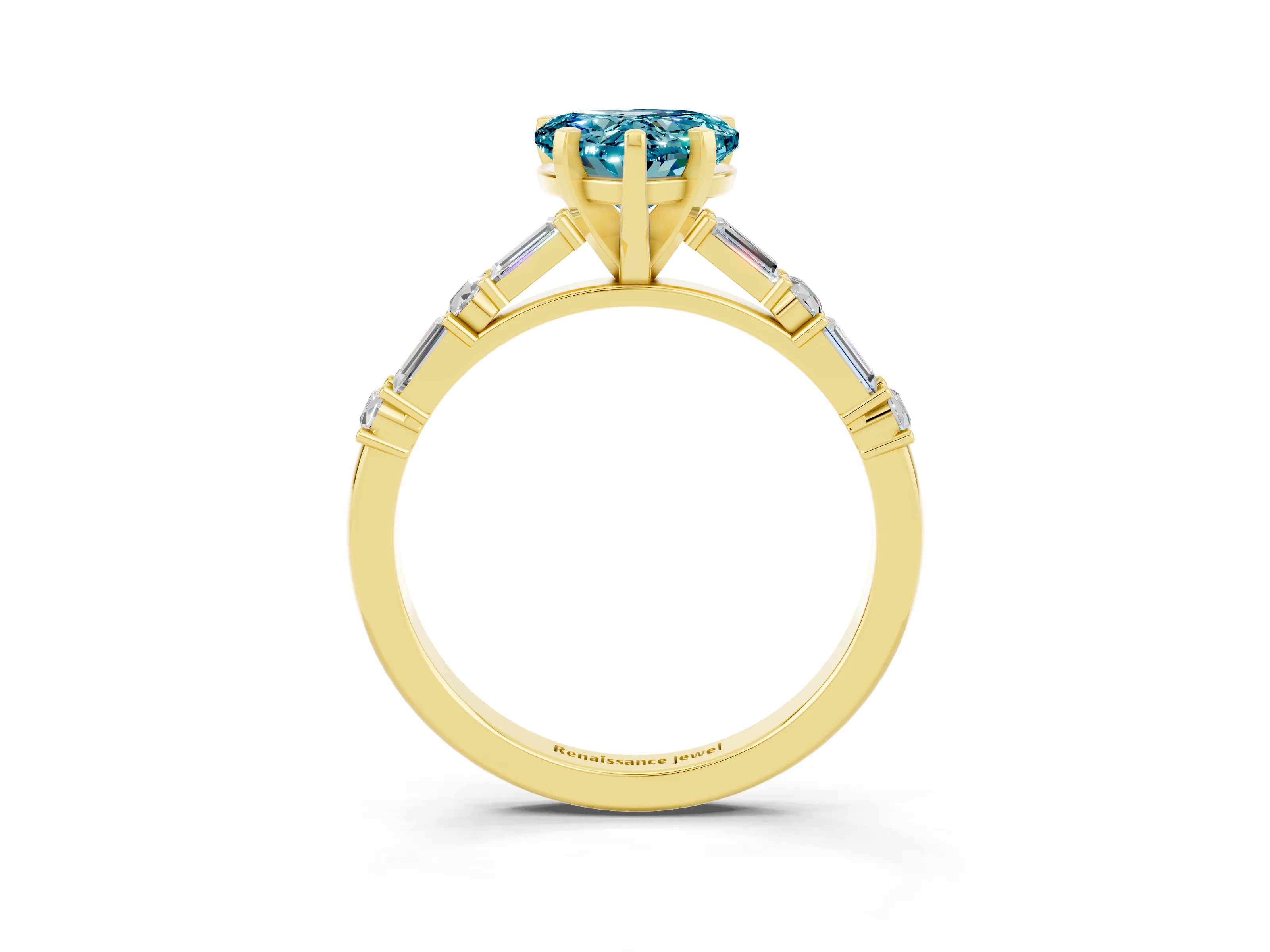 Yellow gold Heart Cut Blue Topaz Solitaire with Side Baguettes and Channel Set Band_3