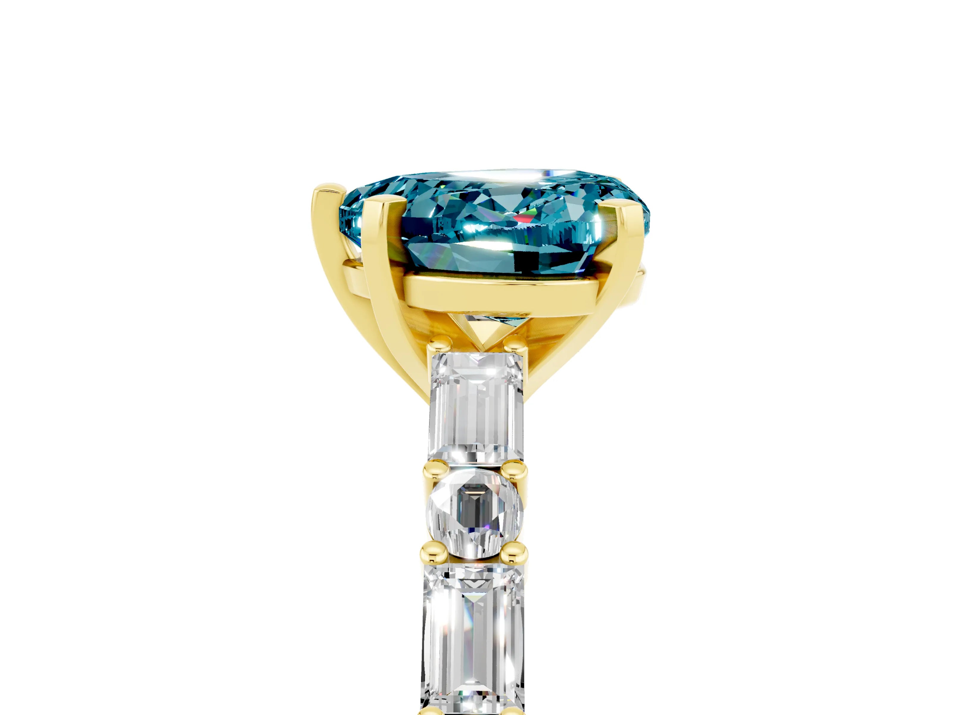 Yellow gold Heart Cut Blue Topaz Solitaire with Side Baguettes and Channel Set Band_5