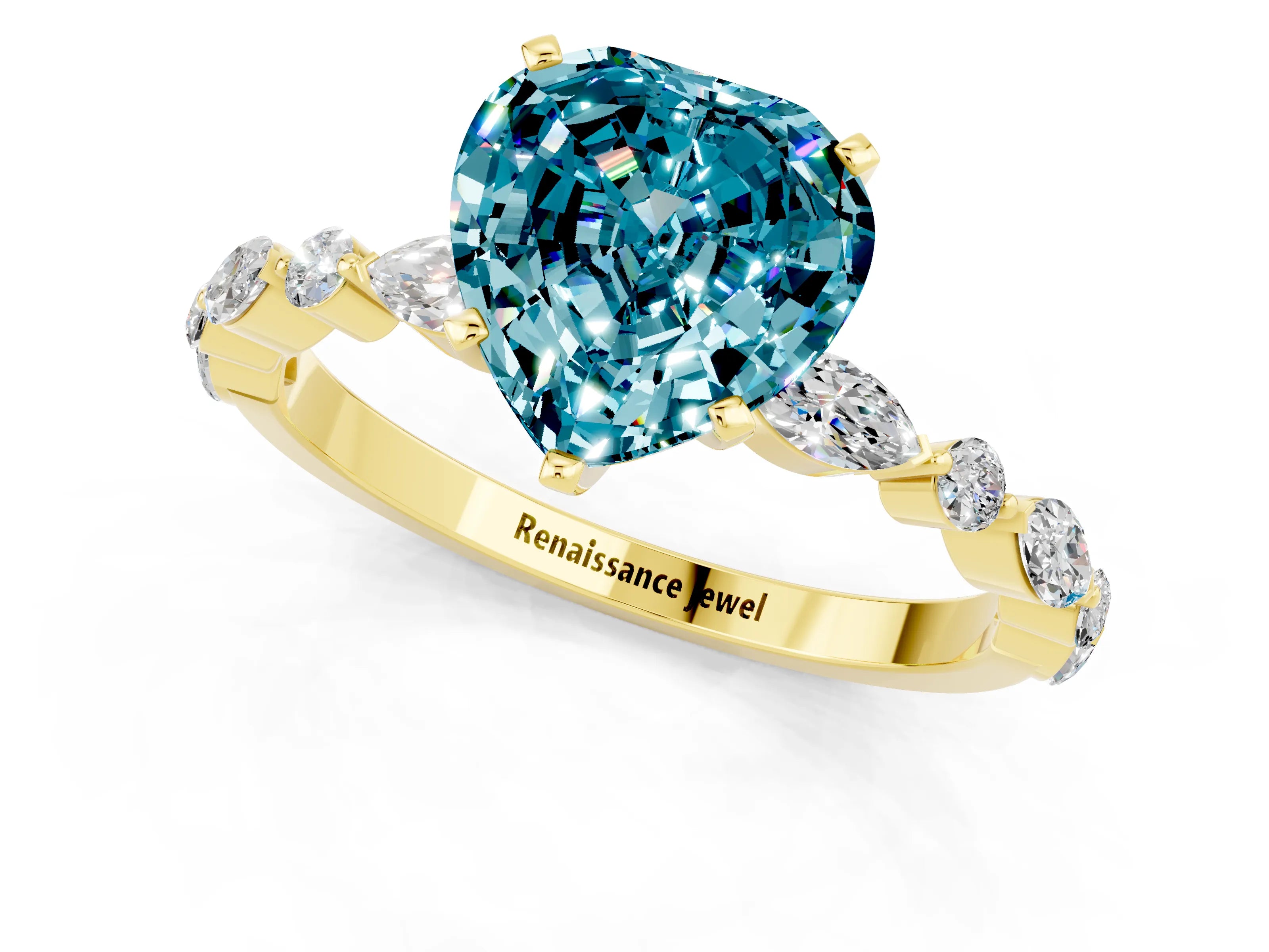 Yellow gold Heart Cut Blue Topaz Solitaire with Side Stones on a Pavé Band and Four-Prong Setting_1