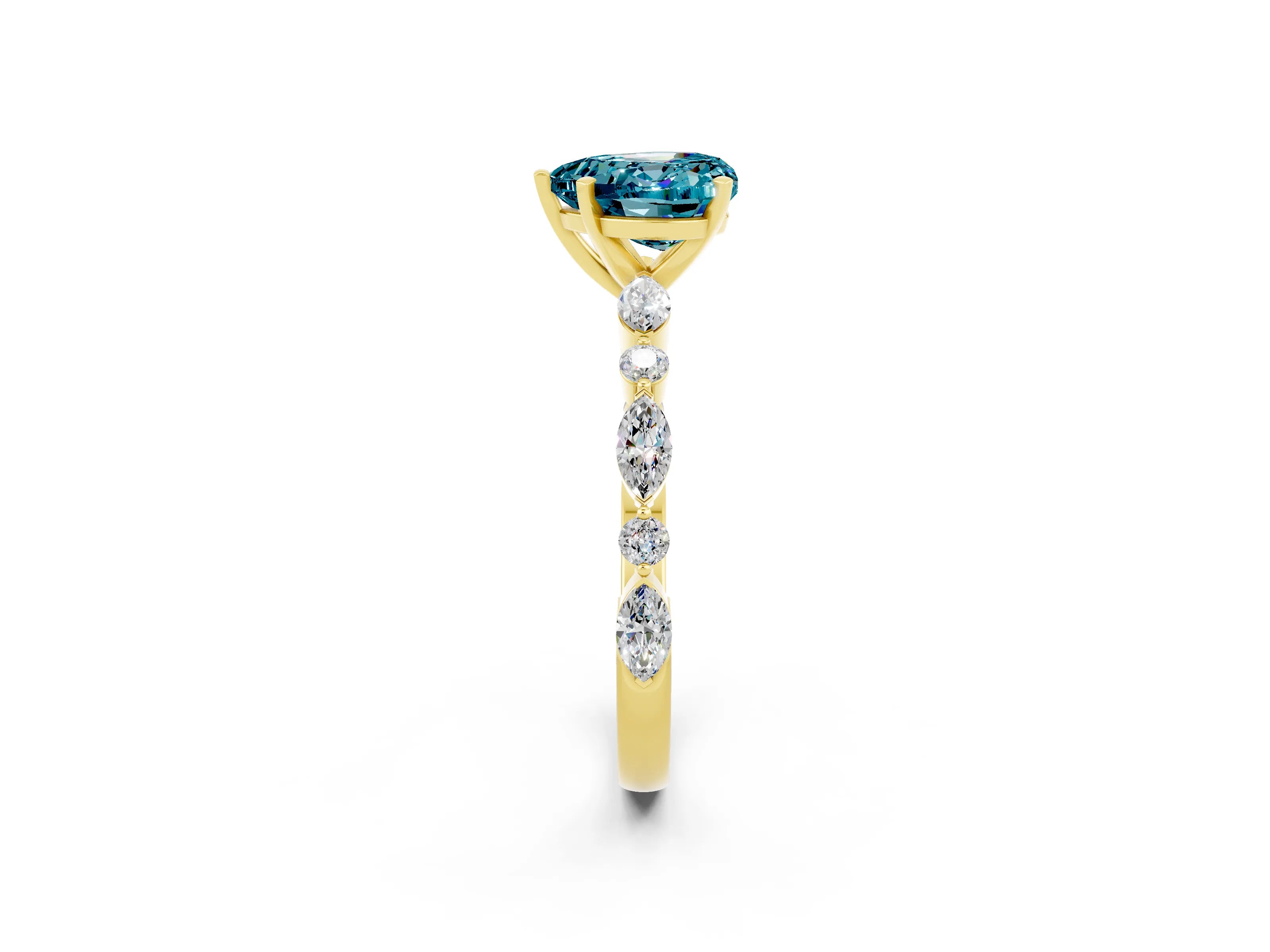 Yellow gold Heart Cut Blue Topaz Solitaire with Side Stones on a Pavé Band and Four-Prong Setting_2