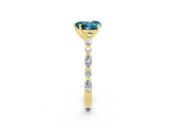 Yellow gold Heart Cut Blue Topaz Ring with Marquise and Round  Side Stones and Four-Prong Setting