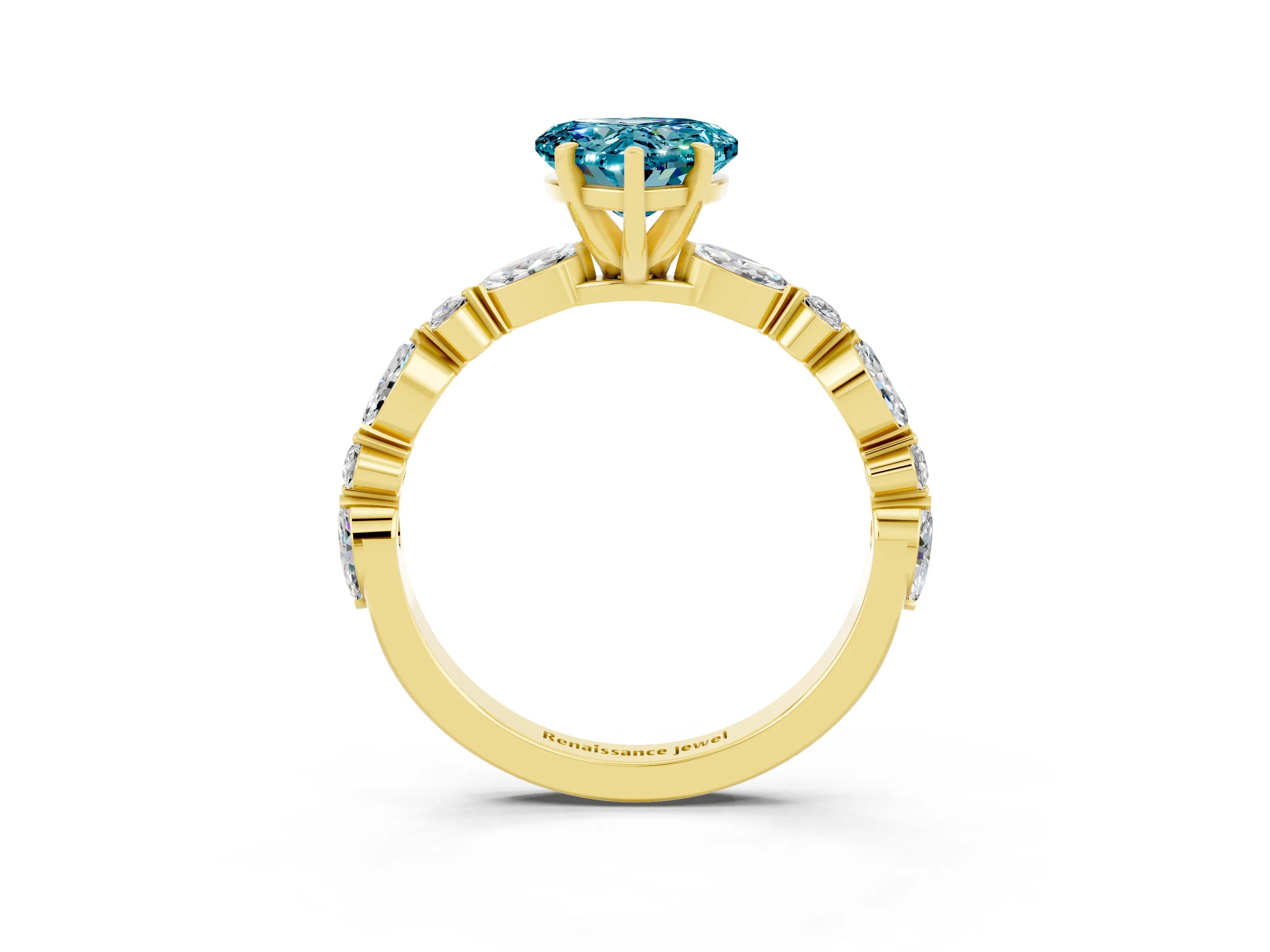 Yellow gold Heart Cut Blue Topaz Solitaire with Side Stones on a Pavé Band and Four-Prong Setting_3