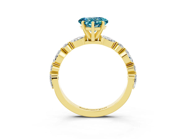 Yellow gold Heart Cut Blue Topaz Ring with Marquise and Round  Side Stones and Four-Prong Setting
