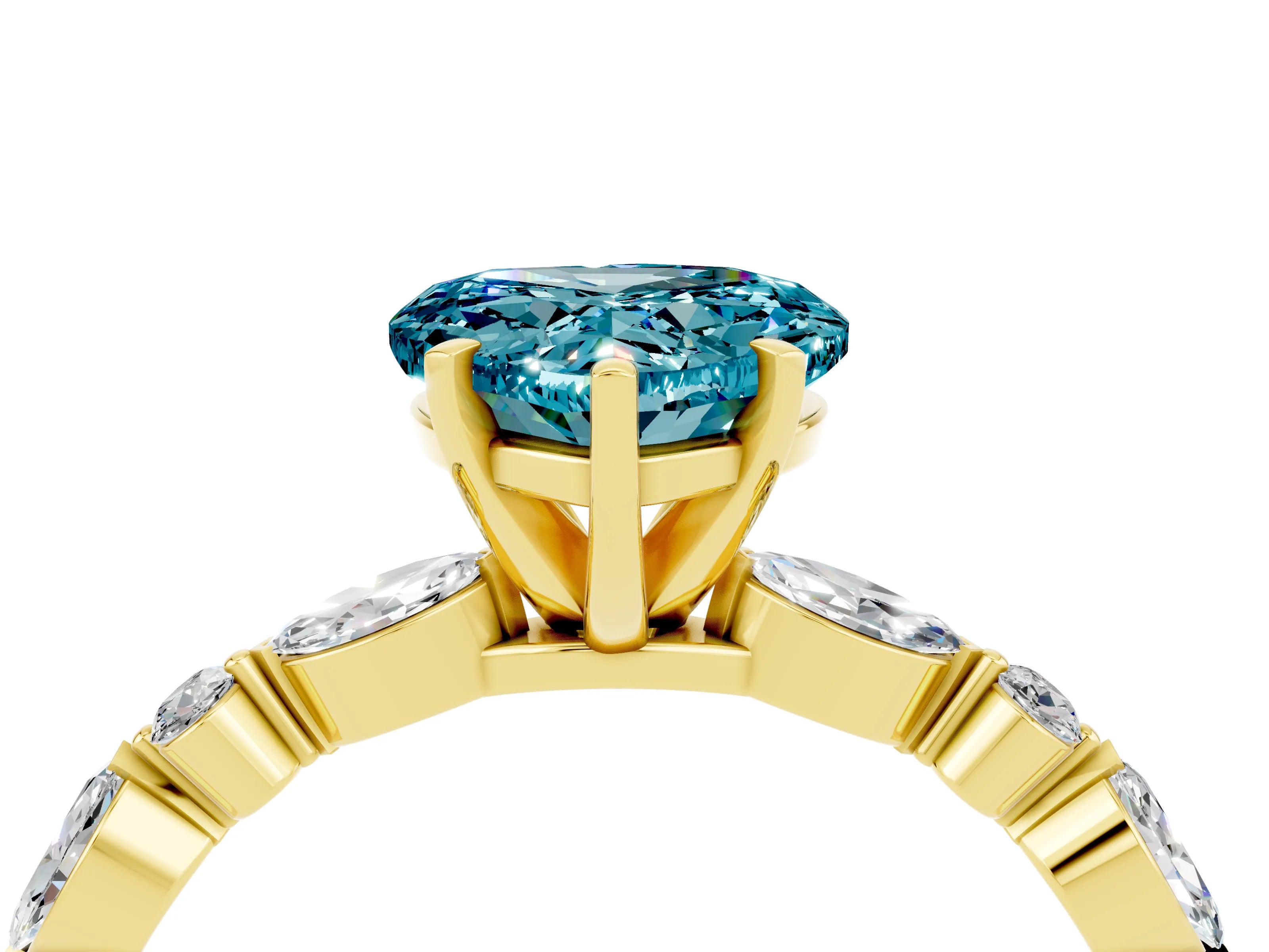 Yellow gold Heart Cut Blue Topaz Solitaire with Side Stones on a Pavé Band and Four-Prong Setting_4