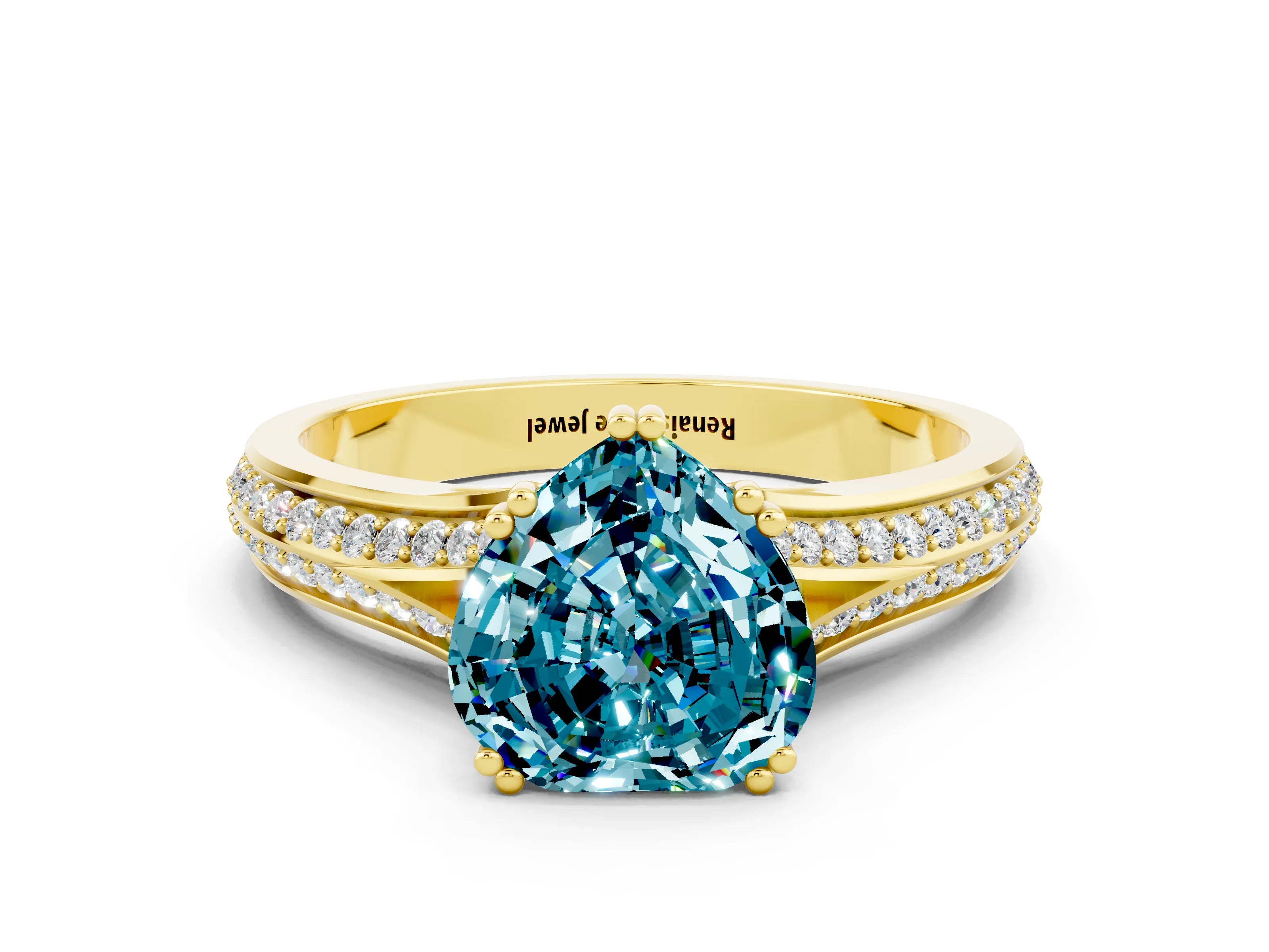 Yellow gold Heart Cut Blue Topaz Split Shank Engagement Ring with Pavé Band