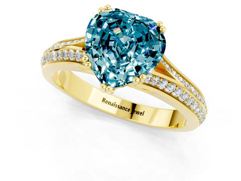 Yellow gold Heart Cut Blue Topaz Split Shank Engagement Ring with Pavé Band_1