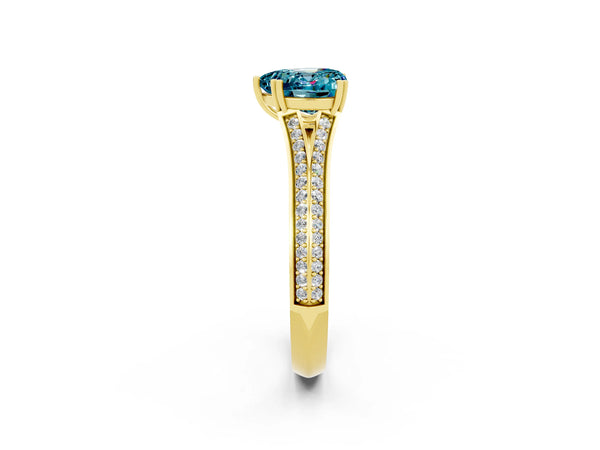 Yellow gold Heart Cut Blue Topaz Split Shank Engagement Ring with Pavé Band
