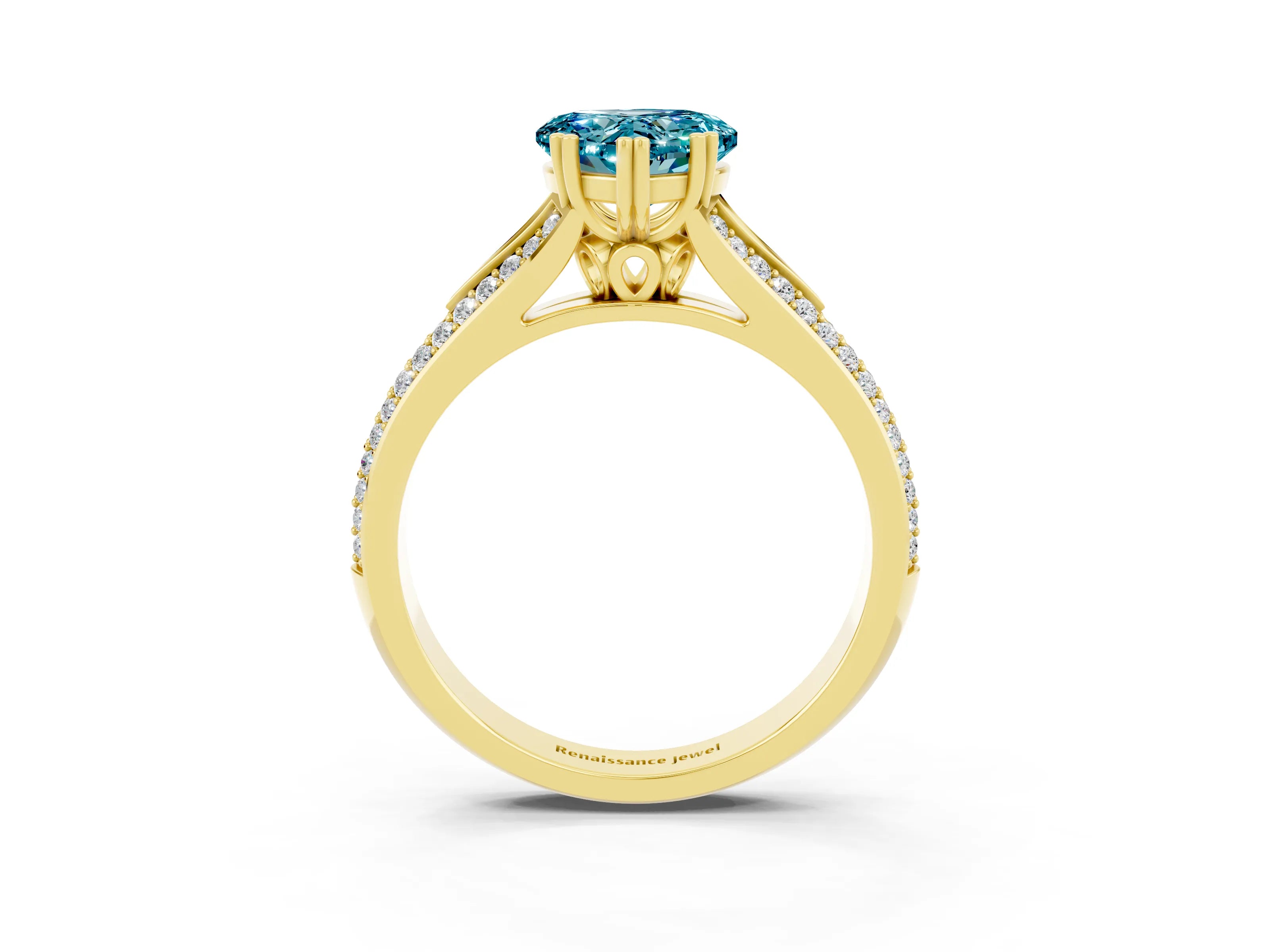 Yellow gold Heart Cut Blue Topaz Split Shank Engagement Ring with Pavé Band_3