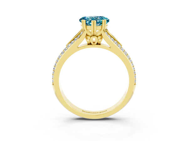 Yellow gold Heart Cut Blue Topaz Split Shank Engagement Ring with Pavé Band