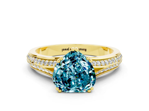 Yellow gold Heart Cut Blue Topaz Split Shank Engagement Ring with Pavé Band