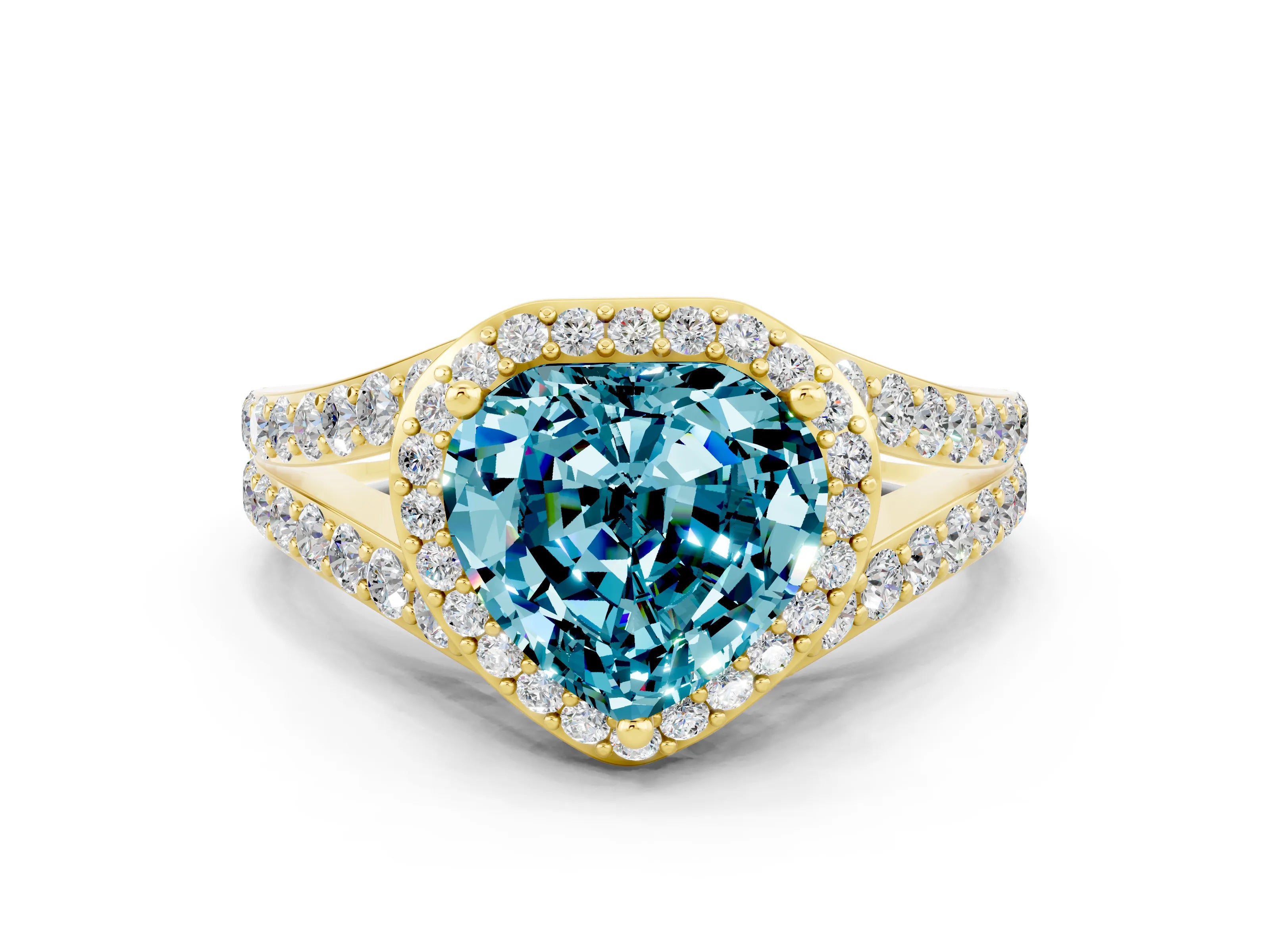 Yellow gold Heart Cut Blue Topaz Split Shank Halo Ring with Four-Prong Setting_12