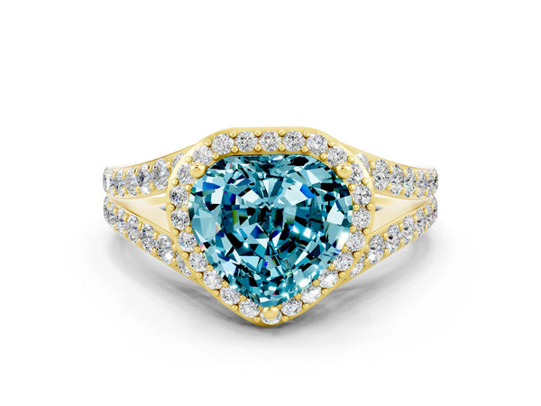 Yellow gold Heart Cut Blue Topaz Split Shank Halo Ring with Four-Prong Setting