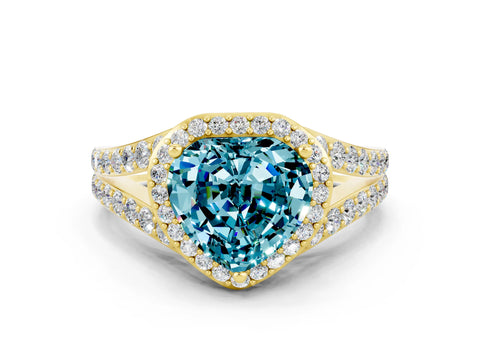 Yellow gold Heart Cut Blue Topaz Split Shank Halo Ring with Four-Prong Setting_12