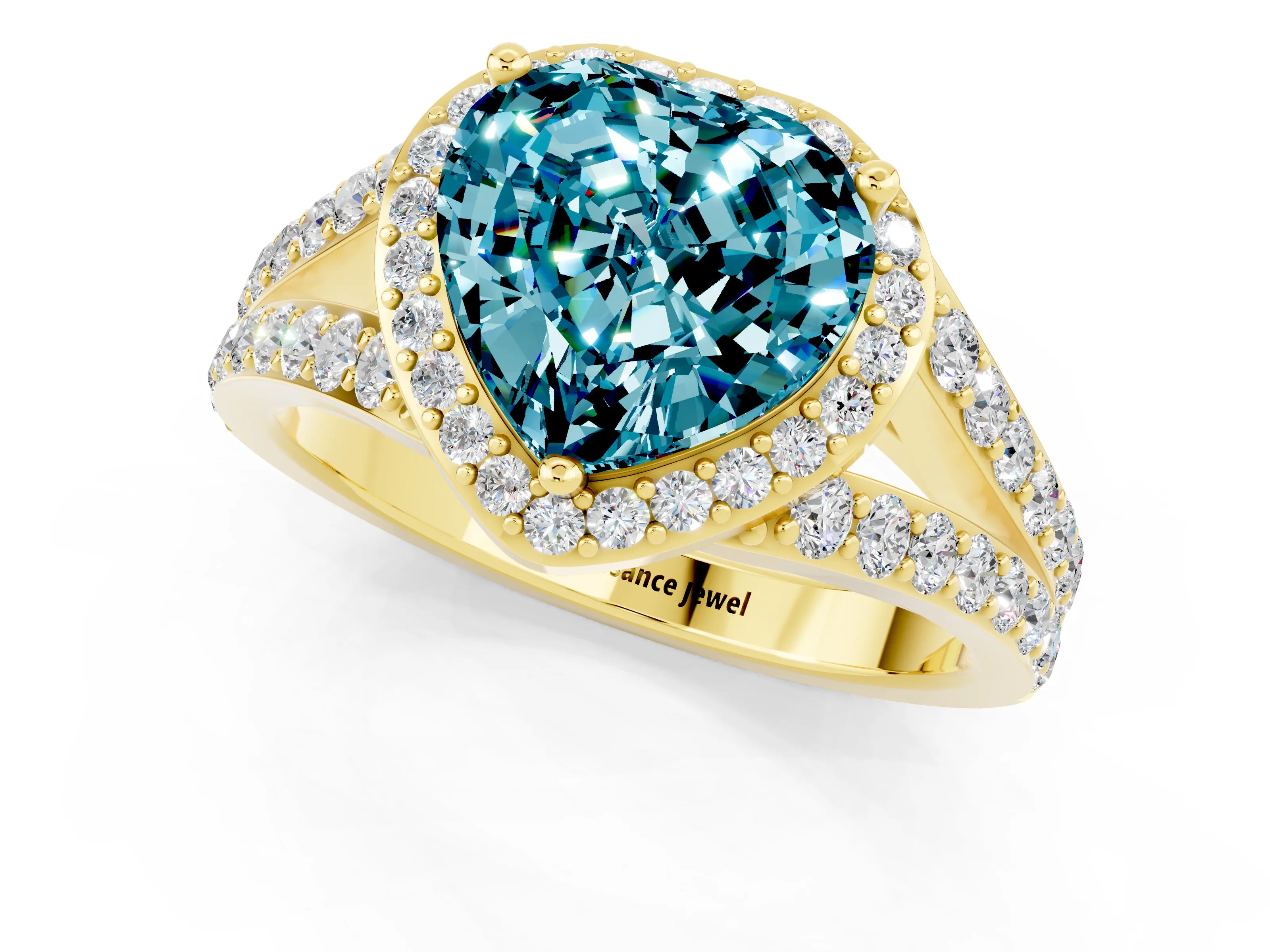 Yellow gold Heart Cut Blue Topaz Split Shank Halo Ring with Four-Prong Setting_13