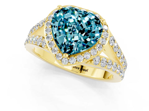 Yellow gold Heart Cut Blue Topaz Split Shank Halo Ring with Four-Prong Setting_13