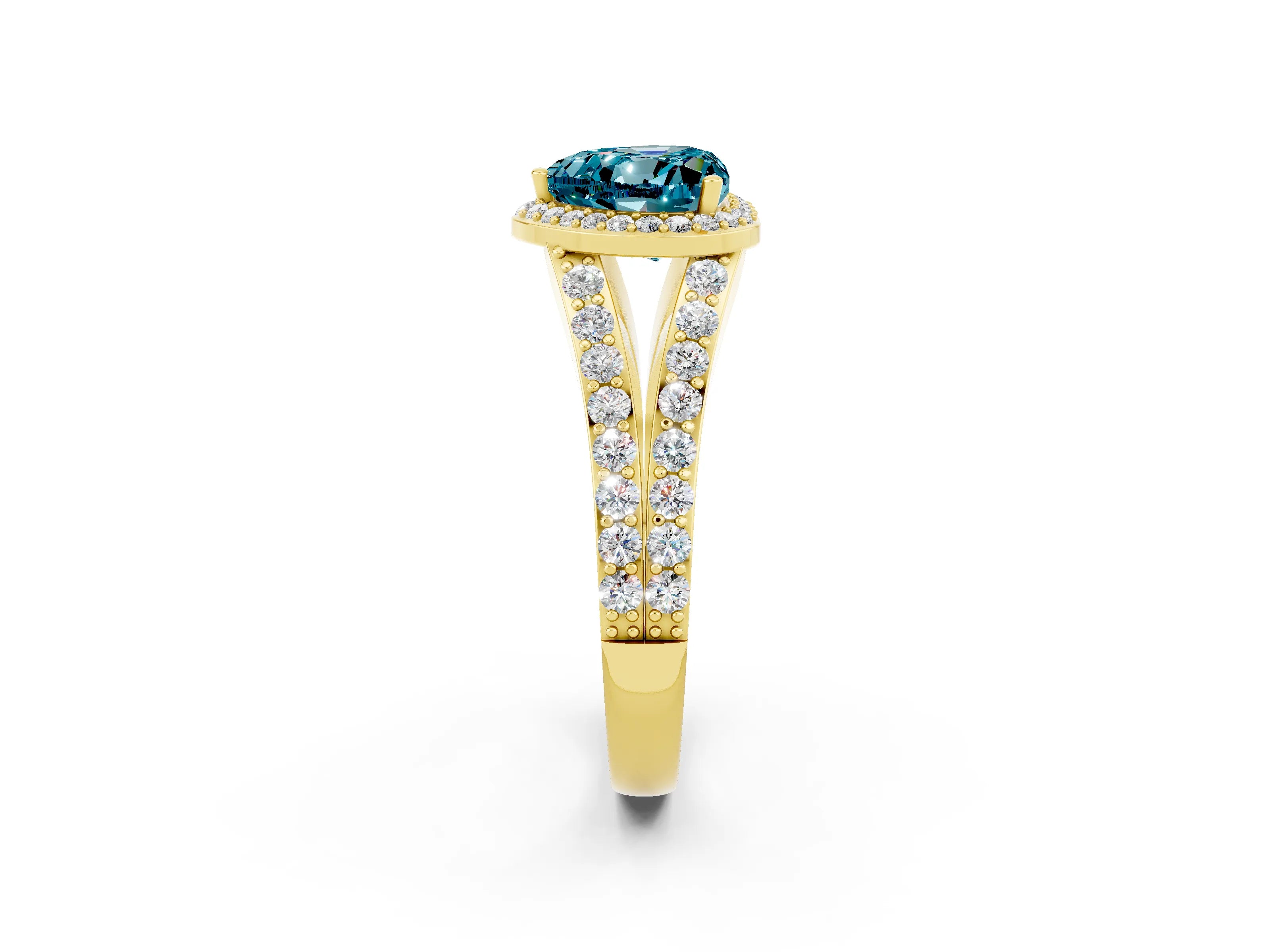 Yellow gold Heart Cut Blue Topaz Split Shank Halo Ring with Four-Prong Setting_14