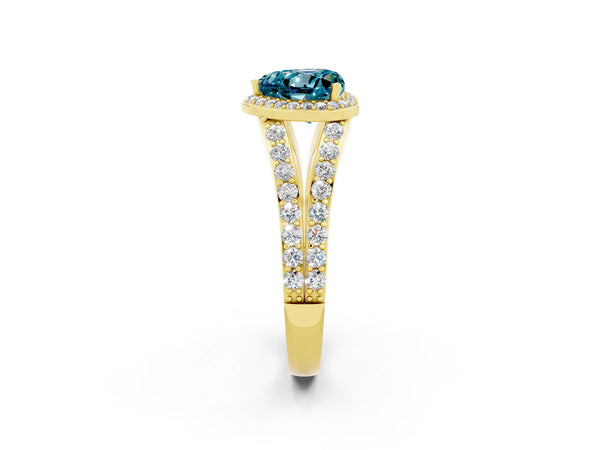 Yellow gold Heart Cut Blue Topaz Split Shank Halo Ring with Four-Prong Setting