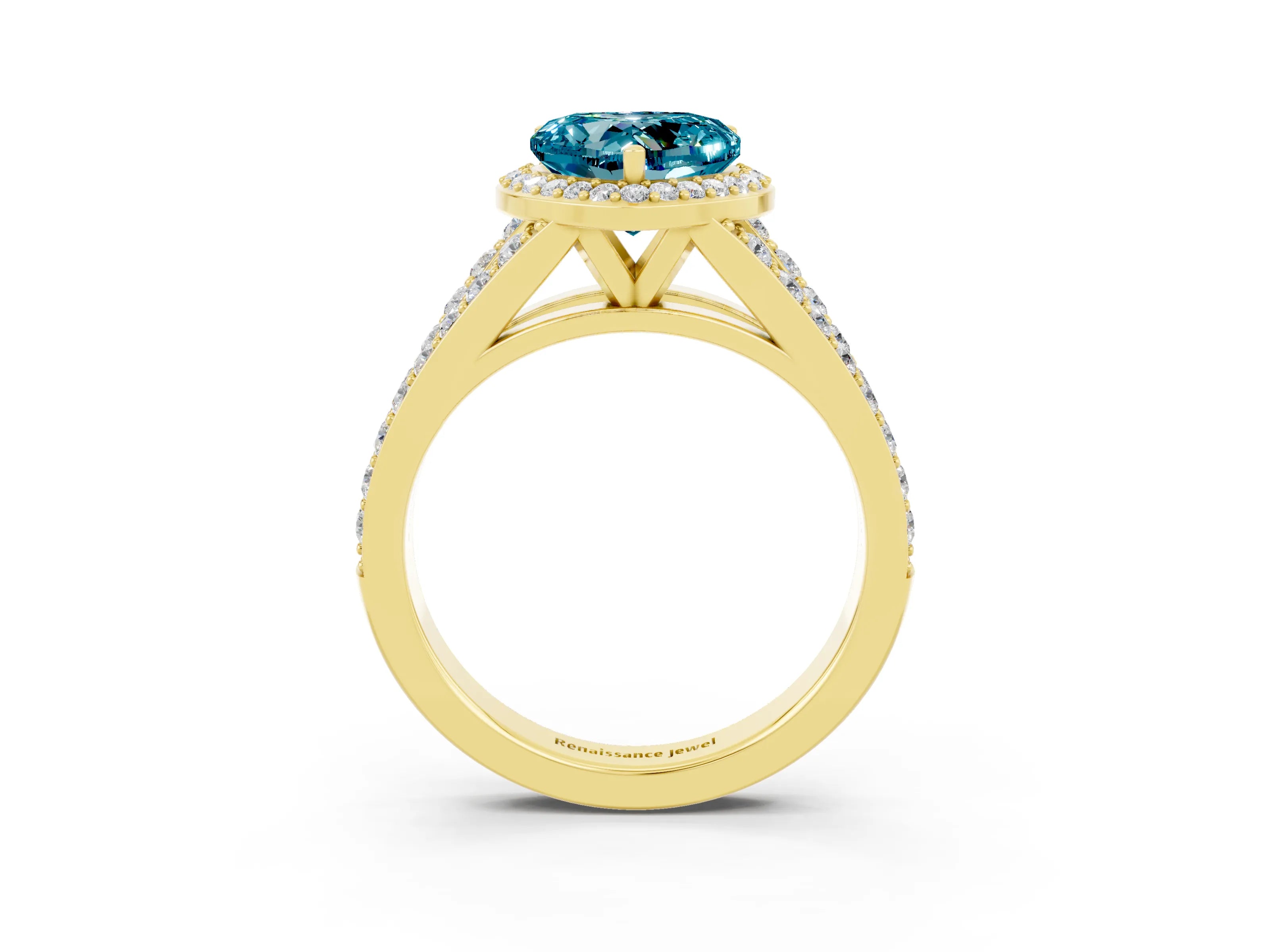 Yellow gold Heart Cut Blue Topaz Split Shank Halo Ring with Four-Prong Setting_15