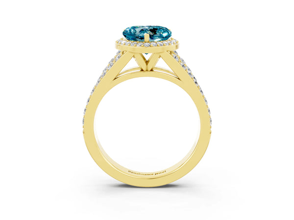 Yellow gold Heart Cut Blue Topaz Split Shank Halo Ring with Four-Prong Setting
