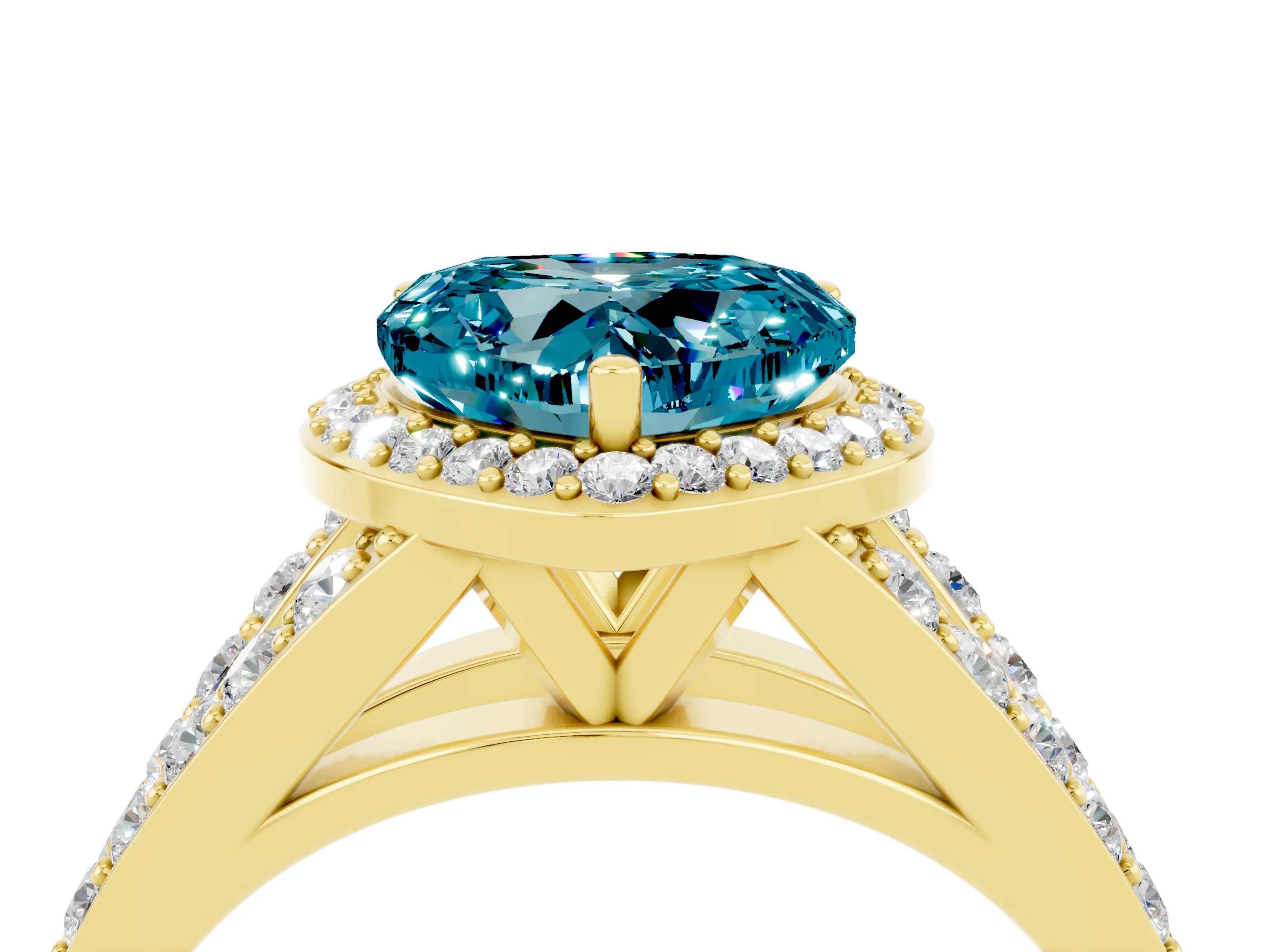Yellow gold Heart Cut Blue Topaz Split Shank Halo Ring with Four-Prong Setting_16