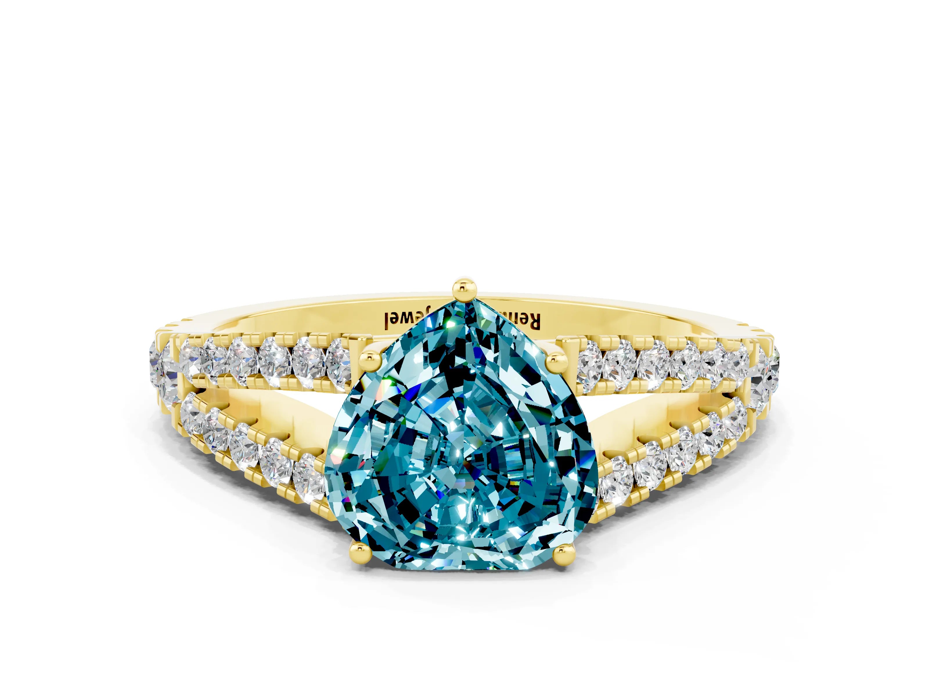 Yellow gold Heart Cut Blue Topaz Split Shank Pavé Engagement Ring with Four-Prong Setting_12