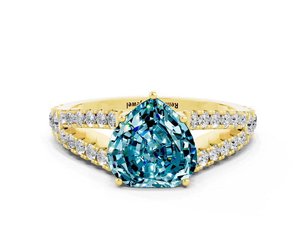 Yellow gold Heart Cut Blue Topaz Split Shank Pavé Engagement Ring with Four-Prong Setting