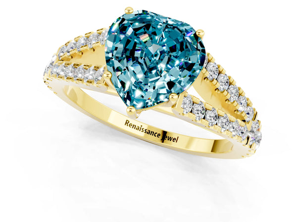 Yellow gold Heart Cut Blue Topaz Split Shank Pavé Engagement Ring with Four-Prong Setting