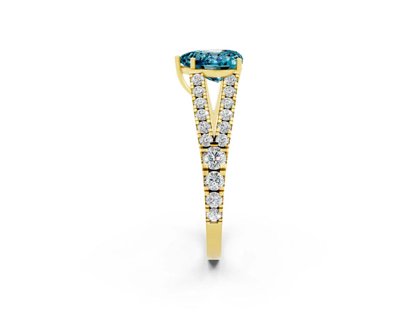 Yellow gold Heart Cut Blue Topaz Split Shank Pavé Engagement Ring with Four-Prong Setting