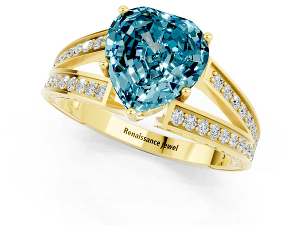Yellow gold Heart Cut Blue Topaz Split Shank Ring with Pavé Band and Four-Prong Setting