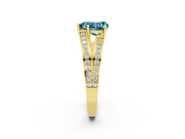 Yellow gold Heart Cut Blue Topaz Split Shank Ring with Pavé Band and Four-Prong Setting