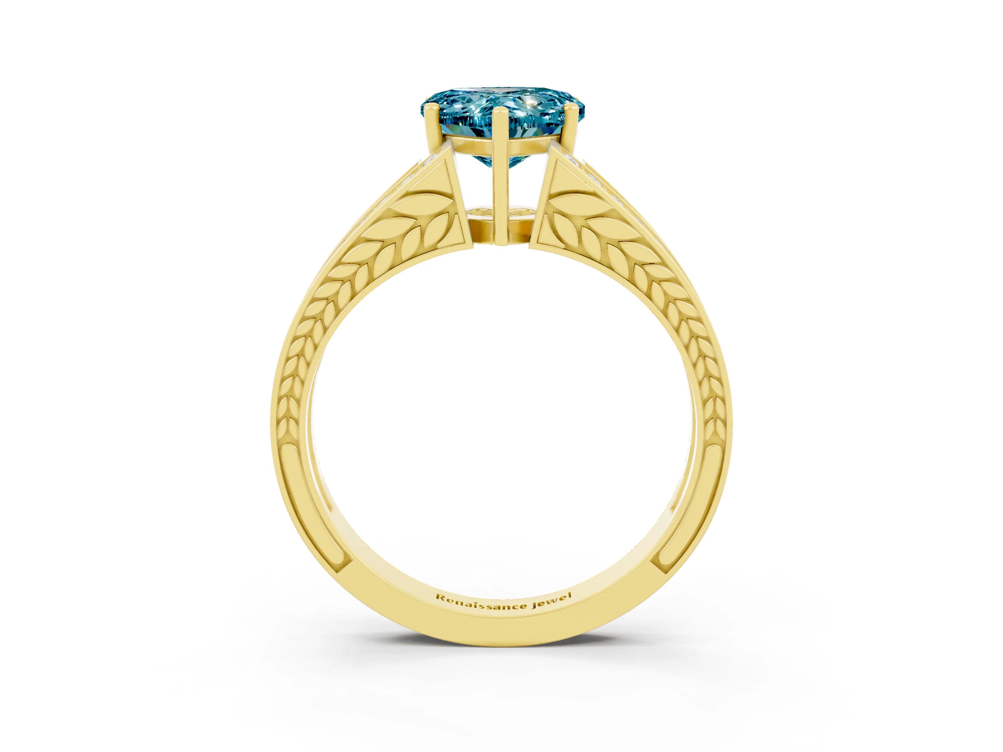 Yellow gold Heart Cut Blue Topaz Split Shank Ring with Pavé Band and Four-Prong Setting_3