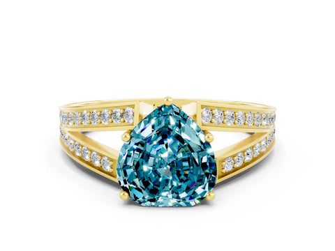Yellow gold Heart Cut Blue Topaz Split Shank Ring with Pavé Band and Four-Prong Setting