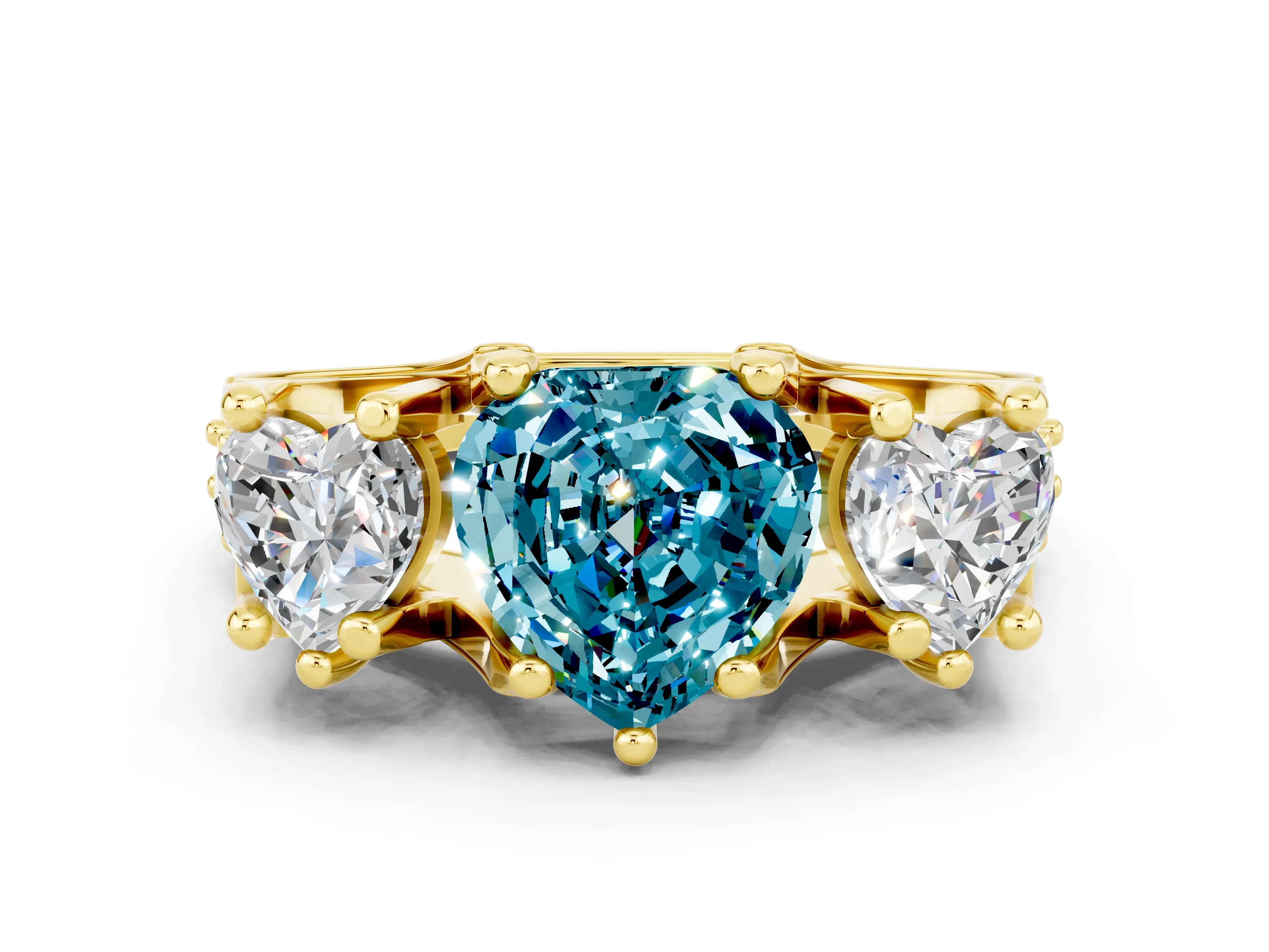 Yellow gold Heart Cut Blue Topaz Three-Stone Ring with Channel Set Band and Four-Prong Setting