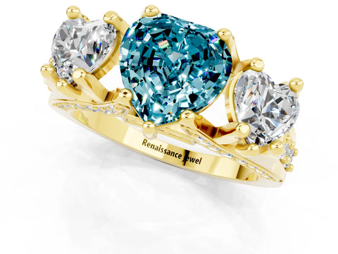 Yellow gold Heart Cut Blue Topaz Three-Stone Ring with Channel Set Band and Four-Prong Setting_1