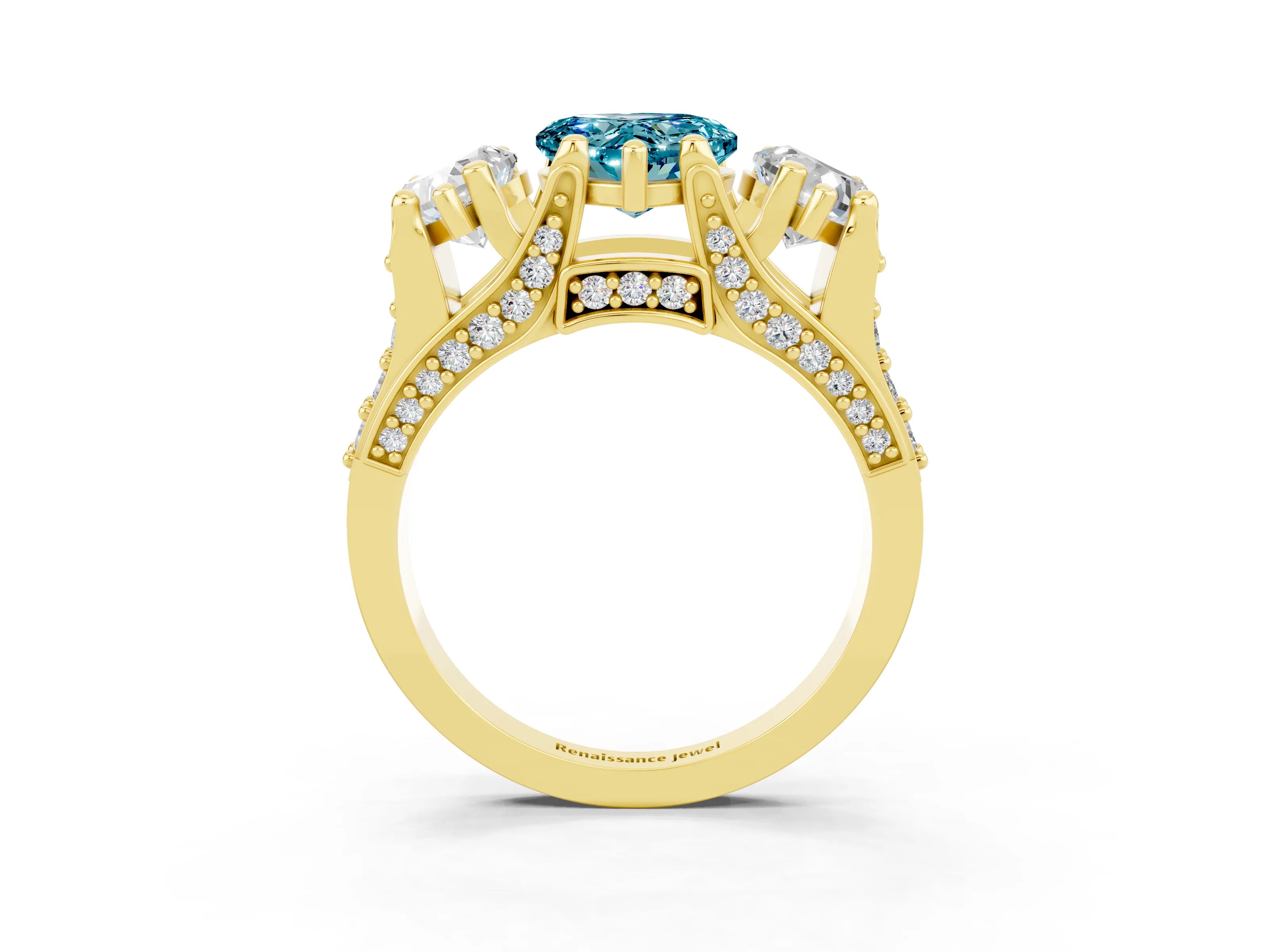 Yellow gold Heart Cut Blue Topaz Three-Stone Ring with Channel Set Band and Four-Prong Setting_3