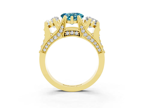 Yellow gold Heart Cut Blue Topaz Three-Stone Ring with Channel Set Band and Four-Prong Setting_3