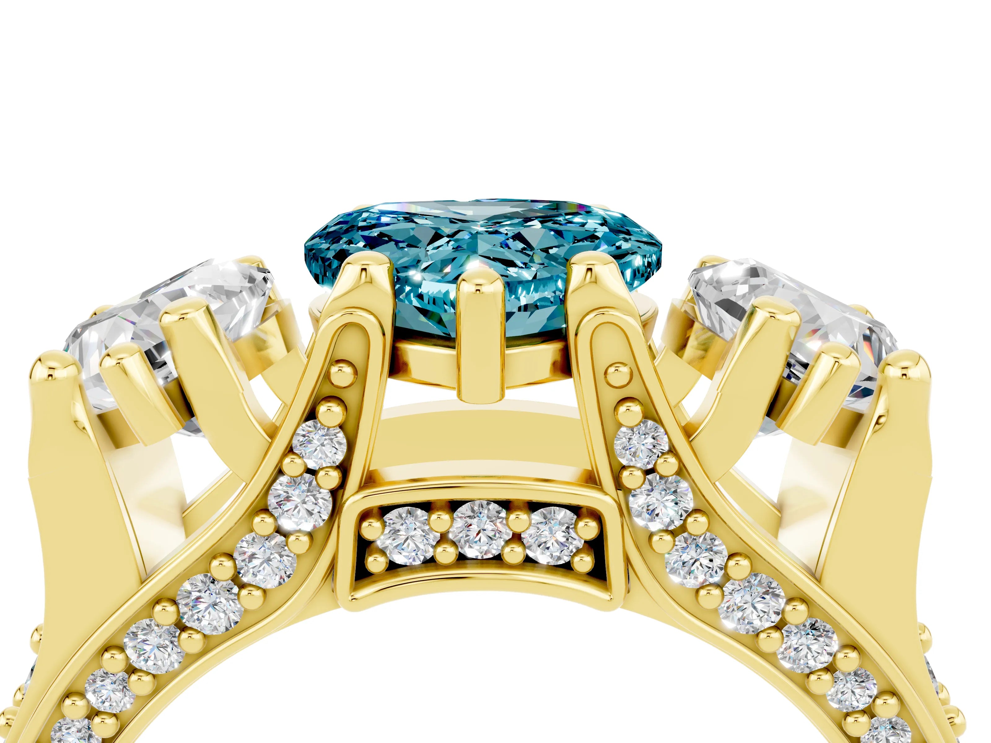 Yellow gold Heart Cut Blue Topaz Three-Stone Ring with Channel Set Band and Four-Prong Setting_4