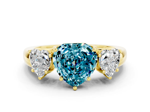 Yellow gold Heart Cut Blue Topaz Three-Stone Ring with Four-Prong Setting and Classic Band