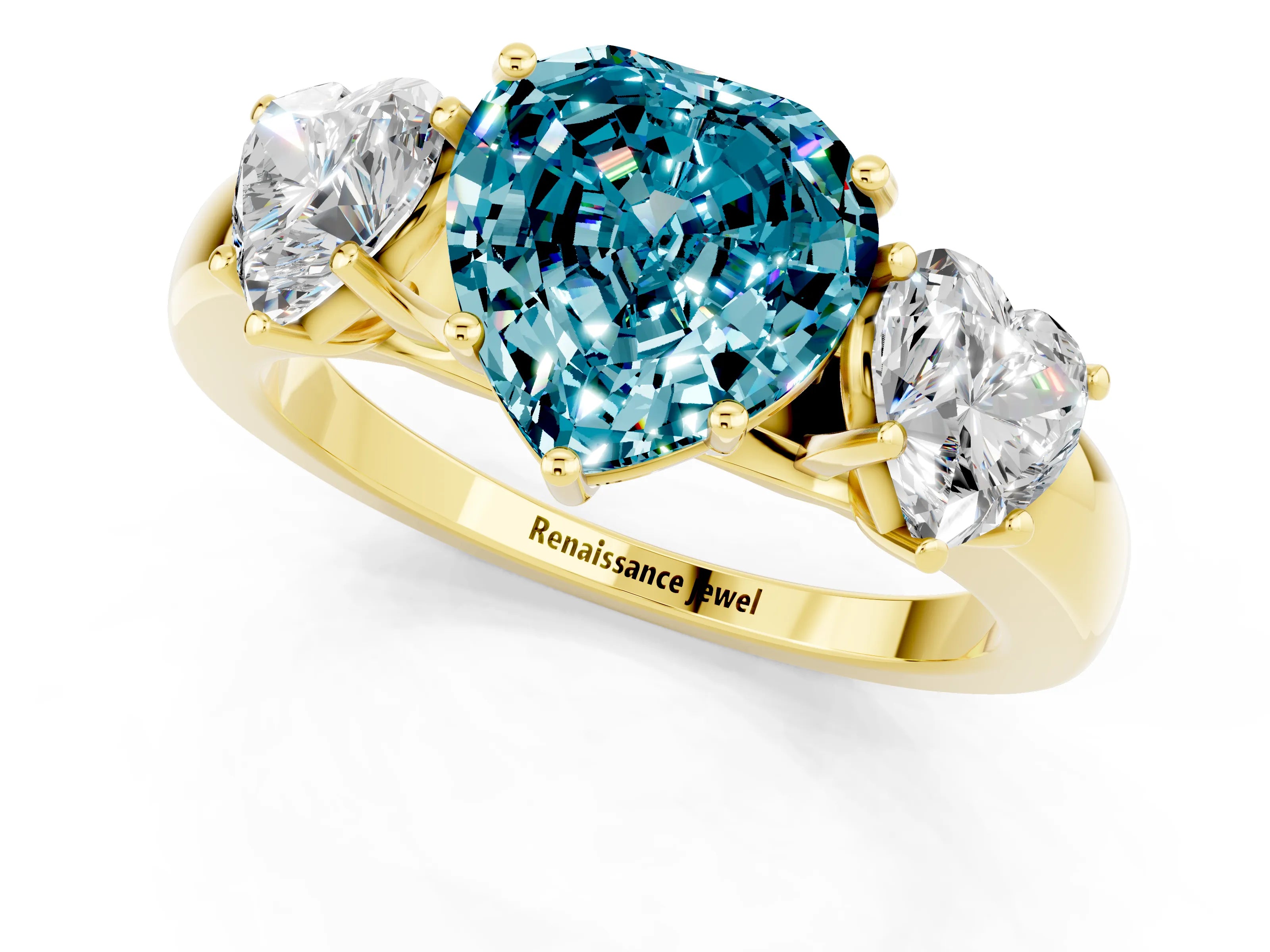 Yellow gold Heart Cut Blue Topaz Three-Stone Ring with Four-Prong Setting and Classic Band_1