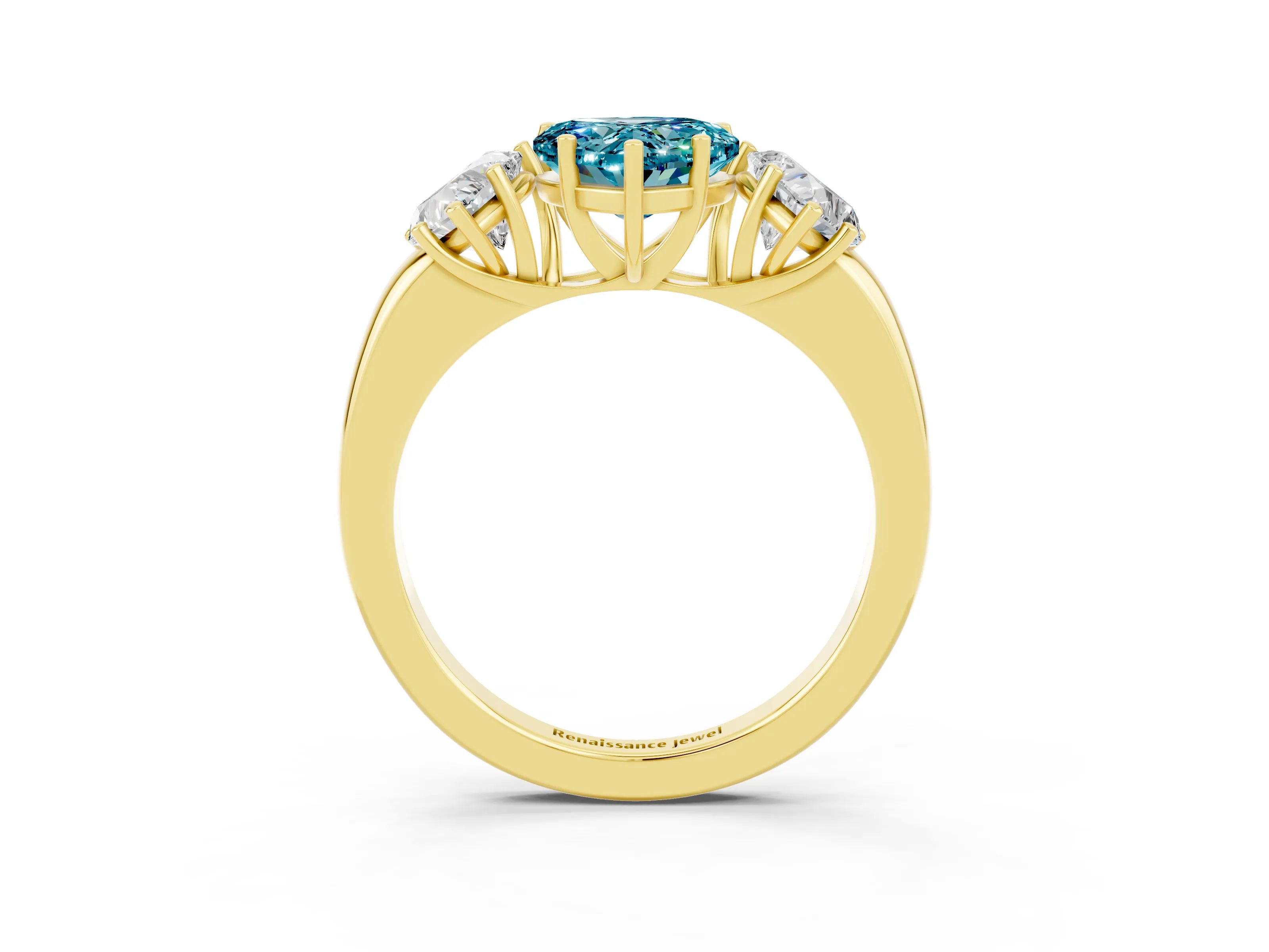 Yellow gold Heart Cut Blue Topaz Three-Stone Ring with Four-Prong Setting and Classic Band_3